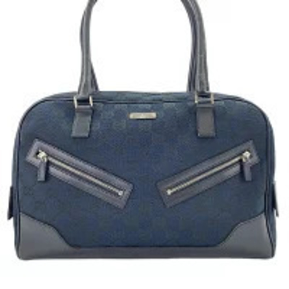 Gucci GG canvas bowler shoulder bag navy blue dual zipper leather